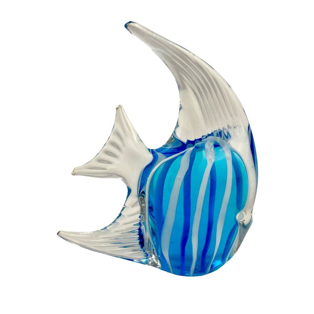 Handblown Art Glass Angelfish Paperweight –‎ Blue & White Striped Figurine